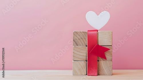 uncompleted red ribbon icon in white heart shape on wooden cube blocks with sweet pink background