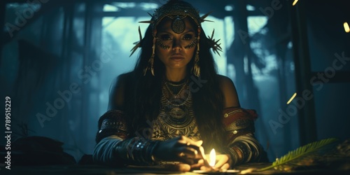 Mystic Tribal Woman Performing Ritual in Ambient Light