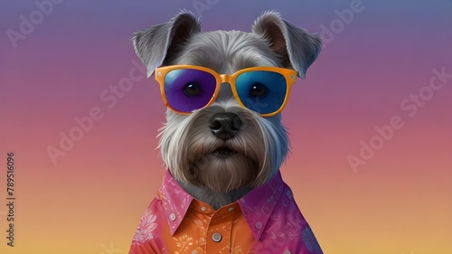 Illustration of a cute gray fluffy dog schnauzer wearing sunglasses and a colorful shirt on a light gradient background. Generative AI