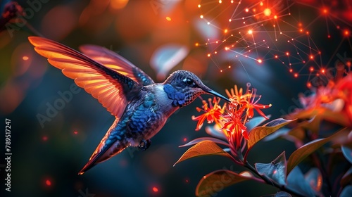  Hummingbird mid-flight sipping nectar from a flower