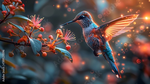  Hummingbird mid-flight sipping nectar from a flower