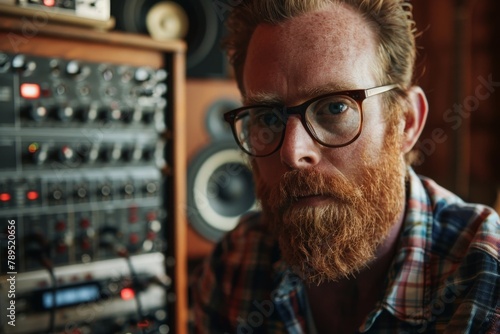 A bearded man in glasses sits confidently in front of a sound board, adjusting knobs and sliders with a focused expression.