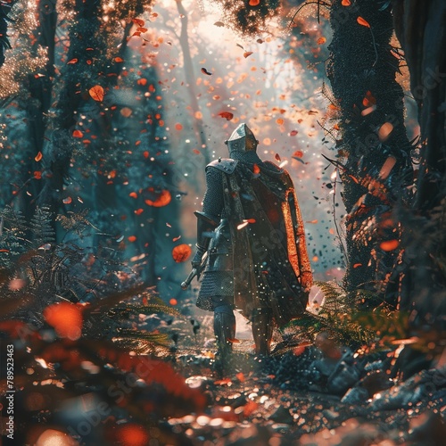 Expelled knight enters a new era, boho attire, amidst forest debris, Hyalotype scene, warm light, low angle, 