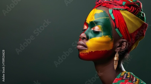 beautiful woman with face painted with the flag of Cameroon on a gray studio background in high resolution and high quality