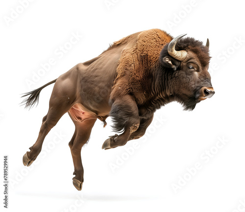 Bison in motion, detailed fur, over white background