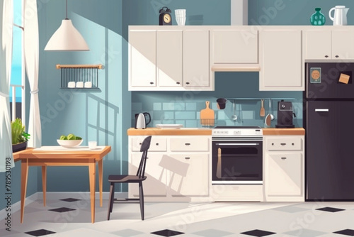  Interior of a cozy kitchen with furniture and appliances. Vector illustration 3D avatars set vector icon, white background, black colour icon
