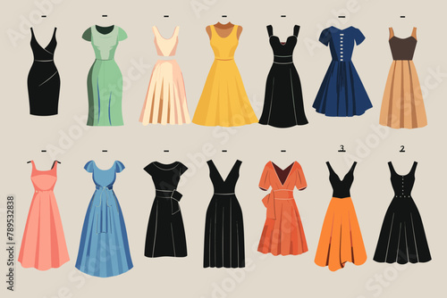 Diverse styles of dresses on mannequins, vector illustration.