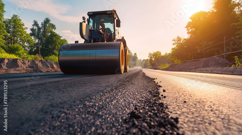 A road roller paused on a newly paved road, reflecting the industry's focus on safety and efficiency, with natural sunlight casting soft shadows around the equipment. , natural lig