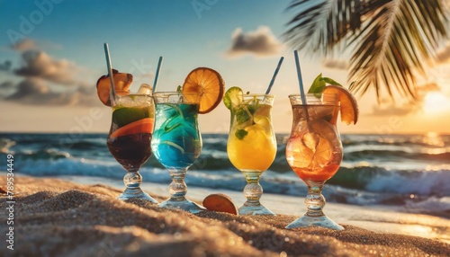 Drinki stojące na plaży na piasku. W tle widać morze i zachód słońca. Wakacyjne tło