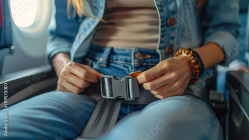 Young woman buckling seatbelt on plane.