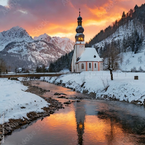 Eine Kirche steht neben einem rauschenden Bach in einer verschneiten Winterlandschaft