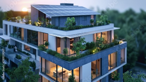 Eco-friendly modern apartment building with rooftop garden at sunset