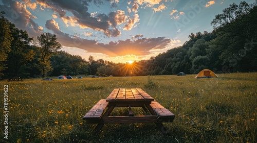 Immerse in nature's beauty! Camp in the serene meadow, surrounded by lush greenery. A table for adventure awaits in the tranquil wilderness. Discover peace in the quiet outdoors.