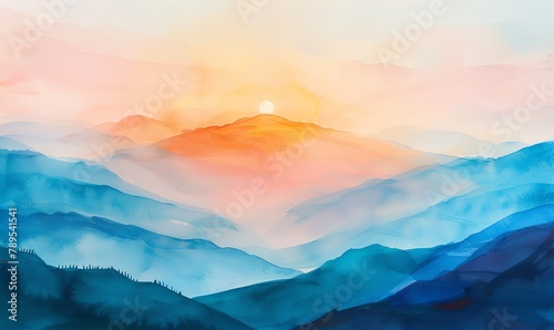 Capture the serene beauty of a traditional watercolor painting portraying a high-angle view of a colorful sunrise over a tranquil mountain summit, highlighting soft pastel hues and delicate brushstrok