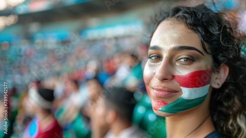 beautiful woman with face painted with the flag of Italy. Olympic Games concept, world sporting event in high resolution and quality