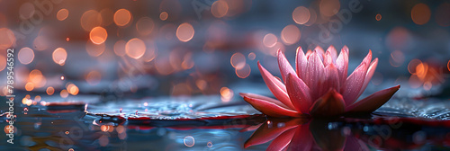 Luminous lotus flower on tranquil water. Digital art with bokeh light effect. Concept Vesak day Buddhist lent, Buddha birthday