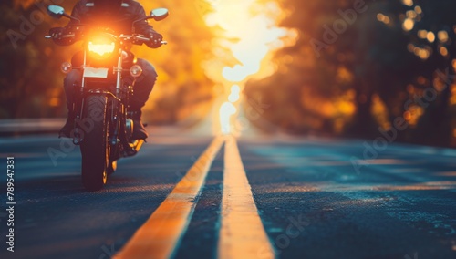 A motorcycle's headlight shines on a sunlit road, flanked by the warm hues of sunset and autumn trees.