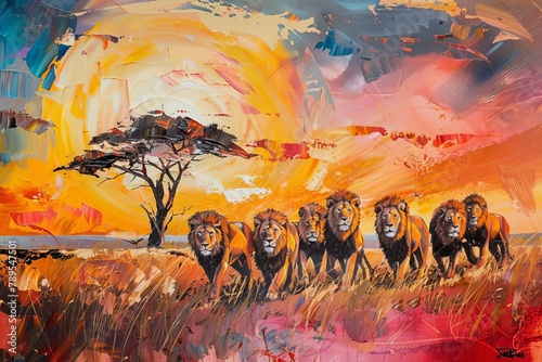 majestic lion pride at sunset in african wilderness circle of life concept oil painting