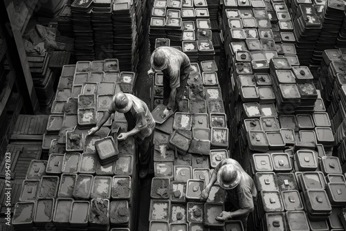 Against the backdrop of ceramic tiles, laborers work tirelessly, their forms merging into the grayscale palette of industrial progress.