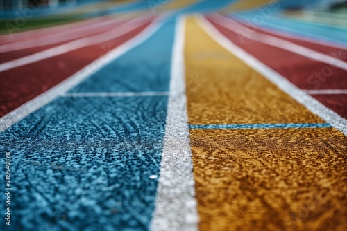 Colorful running track lanes in closeup view