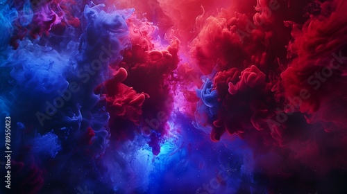 Amidst the vast darkness of an infinite abyss, vibrant tendrils of red and blue ink collide in a mesmerizing dance.