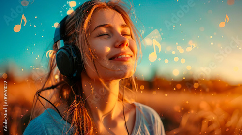 Happy young woman wearing headphones listening to music outdoor. Smiling girl enjoy cool music. She closed her eyes and relaxed while enjoying the sound of melodious music. The notes are floating