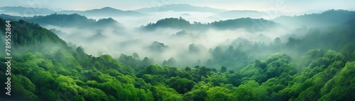 Lush green forest from a birdseye view, showcasing dense tree canopies as part of a forest conservation area, with morning mist settling below