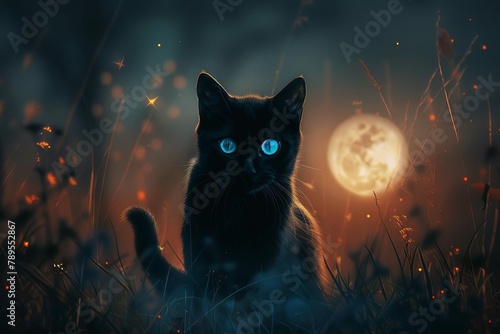 mysterious black cat with glowing blue eyes in moonlight fantasy digital art