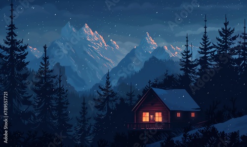 Craft a digital pixel art scene showcasing a cozy cabin nestled among towering pine trees, with a soft glow emanating from its windows against a backdrop of snow-capped peaks