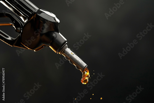 Black injector of gasoline, diesel, and gas injectors on a black background. Petroleum fuel pump design, pump head, oil drops.