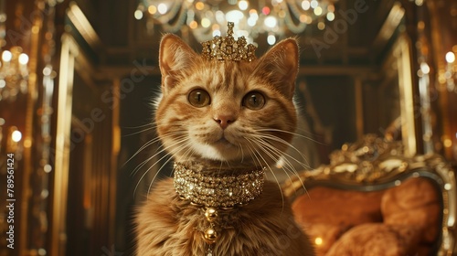 Elegant feline wearing a gold necklace with diamonds and a tiara