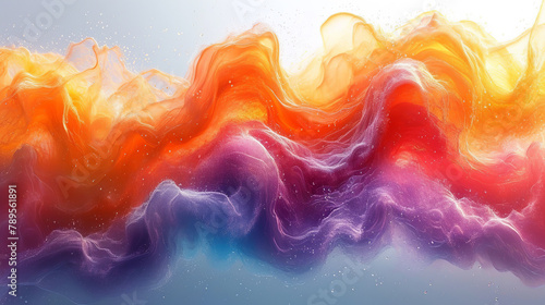 Creamy rainbow-colored liquid, horizontal sweep intertwined with transparent liquid, weightlessness, surreal beauty.