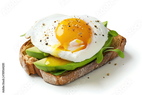 Fried one-side egg on avocado toast, white background. Healthy breakfast