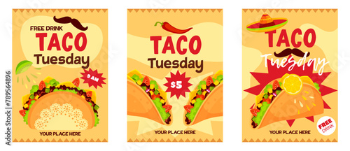 Taco Tuesdays template set. Delicious Tacos flyer with colorful cartoon elements. Mexican food backgrounds