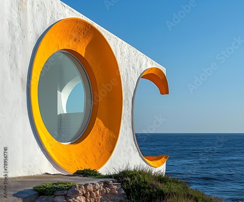 A large orange and white building with a window in the middle. The building is on the beach and the ocean