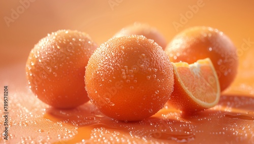 A cluster of water-drenched oranges, with a vivid segment cut open, radiate under a gleaming orange-toned light.
