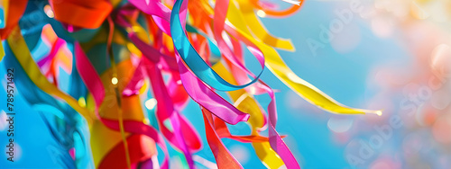 Close-up of Ribbons and Maypole. Macro of colorful ribbons fluttering around a festive Maypole. Banner for Midsommar, Jaanipaev, Jonsok greeting card with copy space.