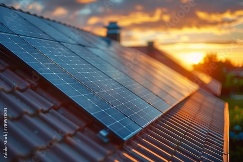 Solar panels on residential roof catching the last rays of the sun at sunset