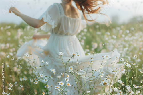 A happy girl runs through a summer meadow with flowers. Lenten solstice day concept. Fortune telling on the night of Midsummer.