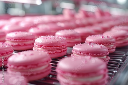 Multiple rows of delicate pink macarons fresh out of the oven, perfect for dessert connoisseurs