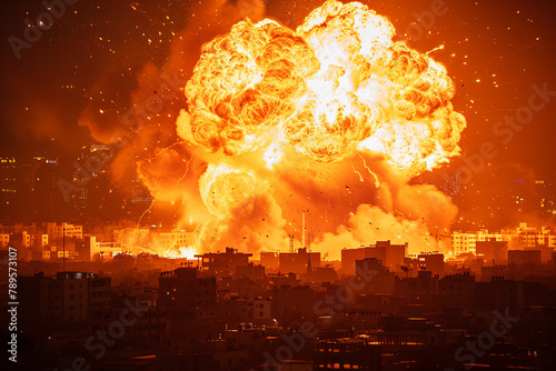 Urban area under assault from a missile, causing a massive explosion