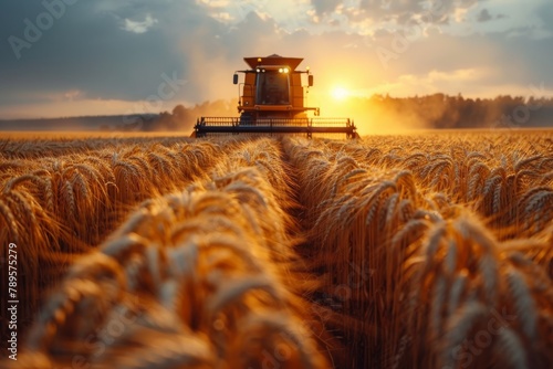 An awe-inspiring image showcasing a harvester at work during sunset in a golden wheat field, epitomizing the harvest season
