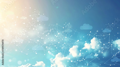 Ethereal cloud computing background with icons of clouds and network elements floating over a soothing blue gradient, ideal for cloud service advertisements
