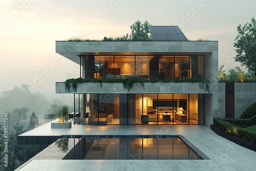 minimalistic design photovoltaic solar panels in modern house roof. sustainable energy concept