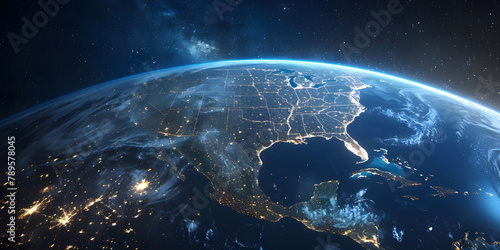 Earth at night from outer space with city lights on North America continent background - Ai Generated