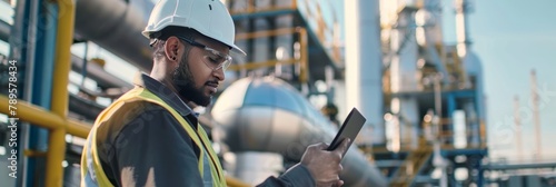 Tablet-based oversight of gas processing plant: Technician ensuring smooth operations
