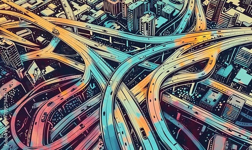 Illustrate a vibrant cityscape with intricate road networks and landmarks from an aerial view, using detailed pen and ink technique to capture the essence of urban route planning