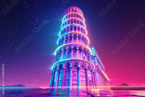 Neon Rainbow Lights on Leaning Tower of Pisa