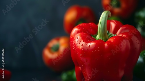 Red bell pepper in focus with a blurred background of other peppers and tomatoes.