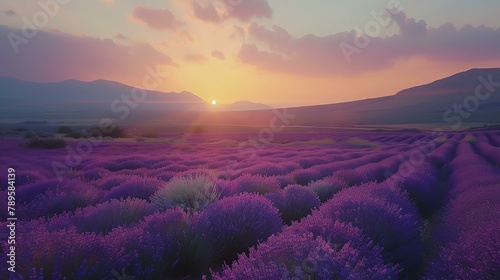 A beautiful landscape of a lavender field at sunset. The lavender is in full bloom and the sun is setting behind the mountains in the distance.